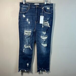 NWT Risen Womens Shadow Hem Straight Leg Distressed Dark Wash Jeans Size 1XL
